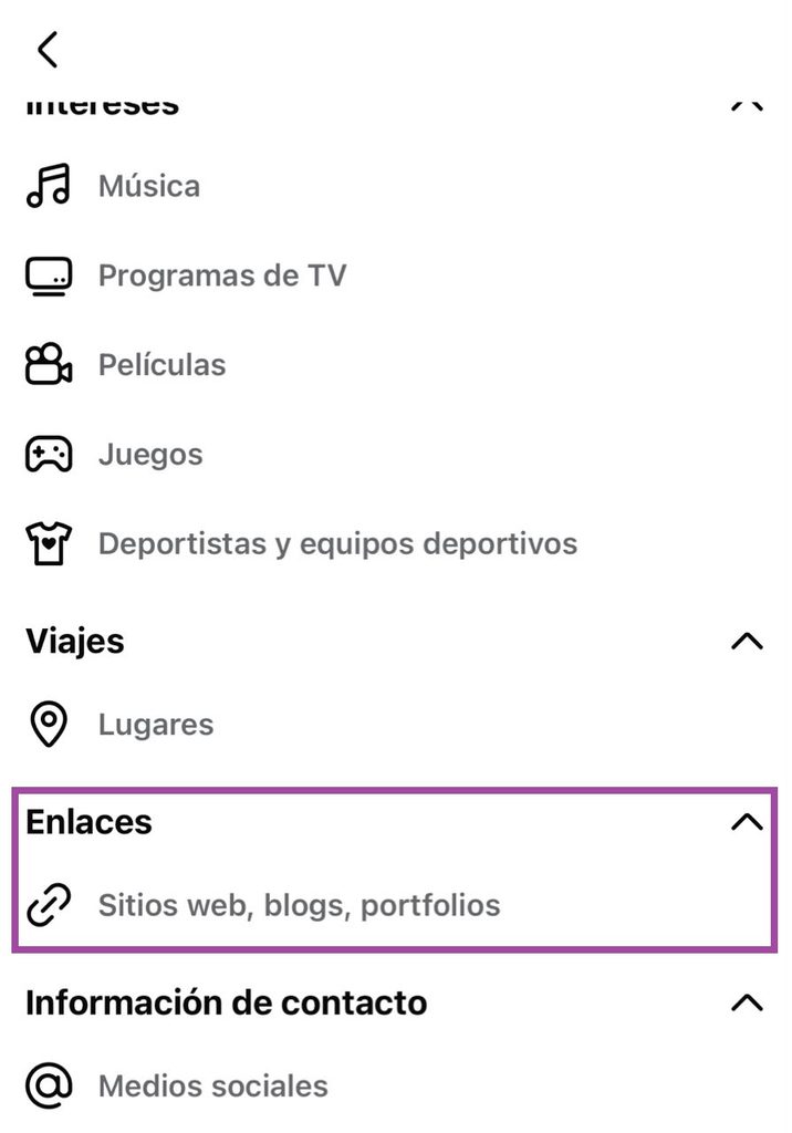 Pantalla de sección de enlaces en perfil de Facebook