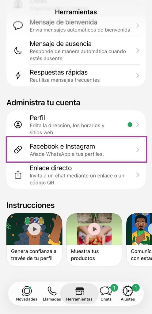 Pantalla para configurar el link de WhatsApp para Facebook desde WhatsApp