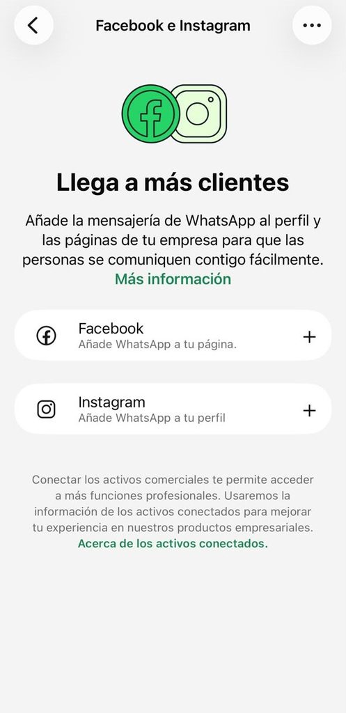 Pantalla para conectar WhatsApp Business con Facebook desde WhatsApp