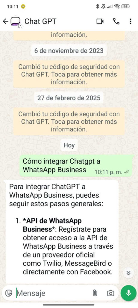 Chat que muestra cómo usar ChatGPT en WhatsApp para vender más