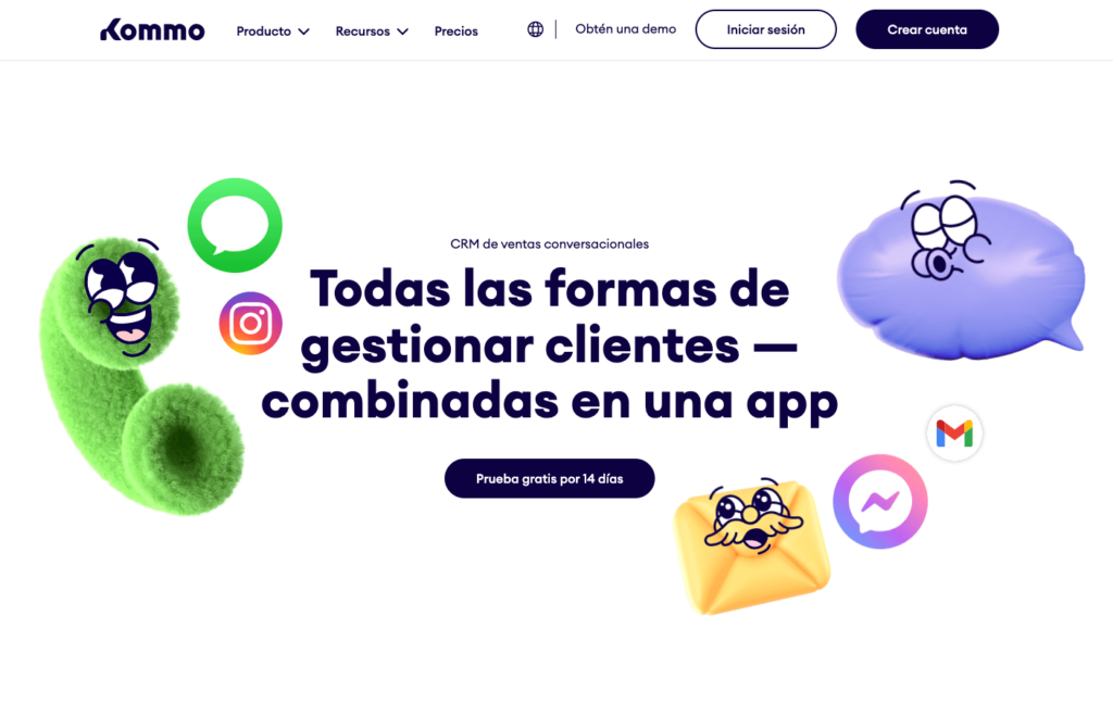 Página de inicio de Kommo con el mensaje "Todas las formas de gestionar clientes, combinadas en una app" y el botón de prueba gratis por 14 días, junto a íconos de WhatsApp, Instagram y Gmail.