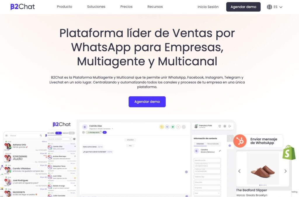 Página de inicio de B2Chat con el mensaje "Plataforma líder de ventas por WhatsApp para empresas, multiagente y multicanal" y una captura del panel de chats con la ficha de contacto de un cliente.