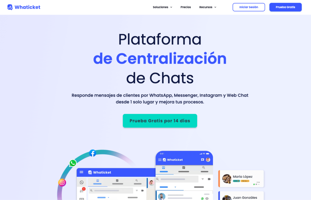 Página de inicio de Whaticket con el título "Plataforma de Centralización de Chats" y el botón de prueba gratuita por 14 días, sobre una ilustración de la app conectando WhatsApp, Instagram y Facebook.