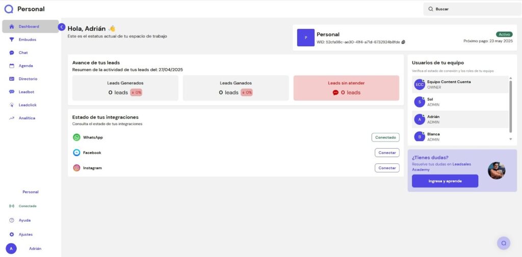 Pantalla de dashboard de Leadsales