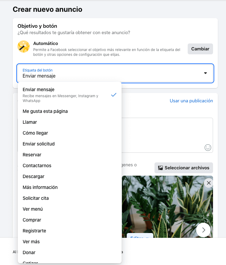 Captura de pantalla del cuarto paso para configurar un anuncio con CTA a WhatsApp: selecciona "enviar un mensaje a Whatsapp"