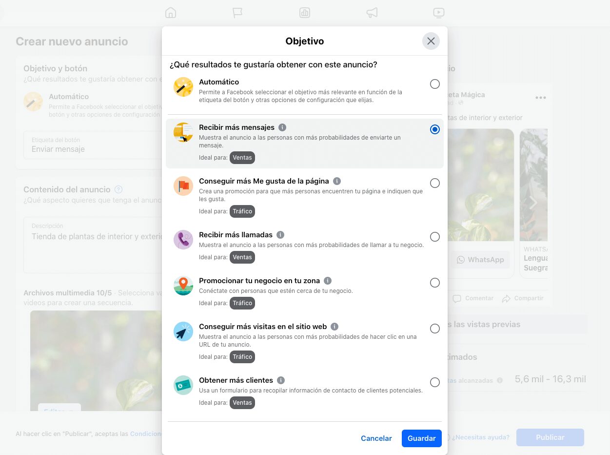 Captura de pantalla del tercer paso para configurar un anuncio con CTA a WhatsApp: selecciona un objetivo