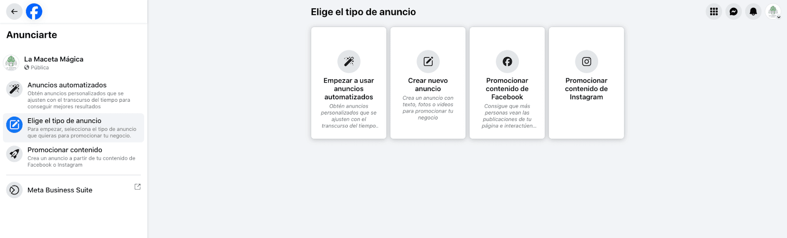 Captura de pantalla del segundo paso para configurar un anuncio con CTA a WhatsApp: Captura de pantalla del primer paso para configurar un anuncio con CTA a WhatsApp: ve a tu página de Facebook y haz clic en "anunciarte"
