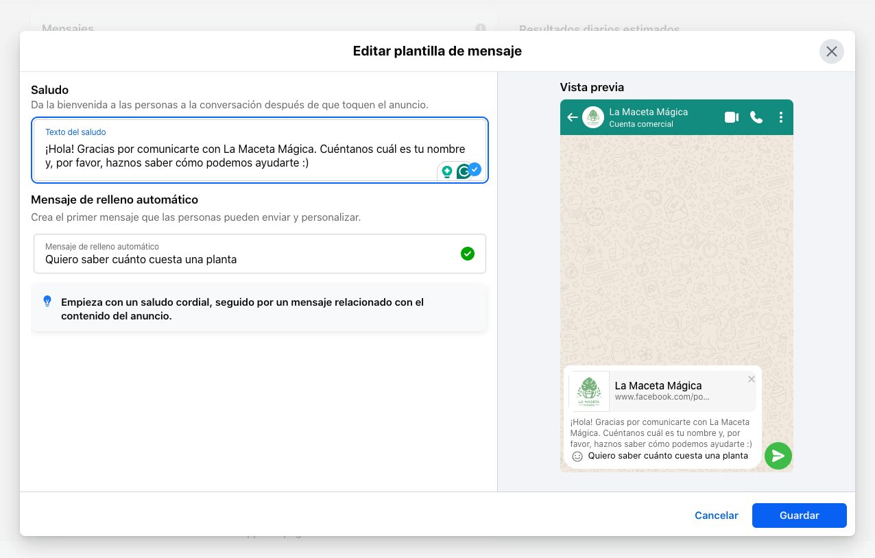 Captura de pantalla del quinto paso para configurar un anuncio con CTA a WhatsApp: escribe un mensaje de bienvenida