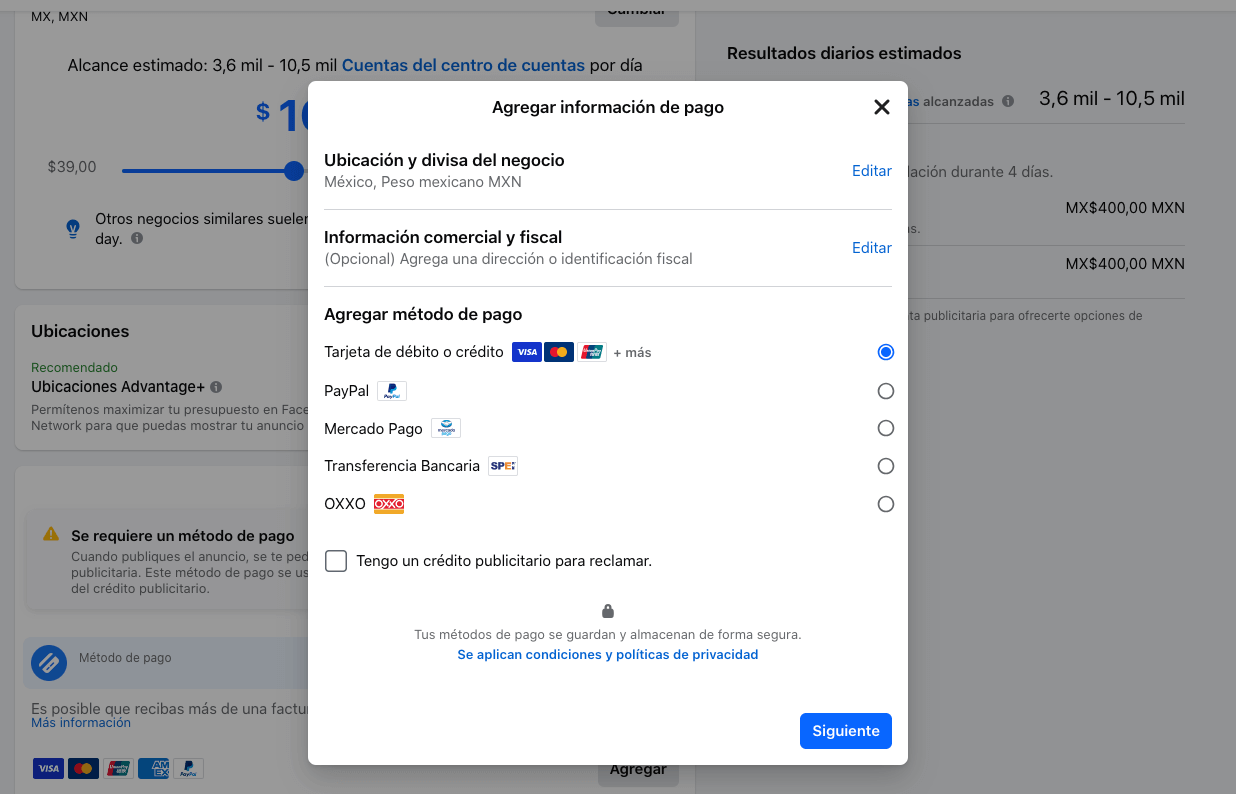 Captura de pantalla del octavo paso para configurar un anuncio con CTA a WhatsApp: elige método de pago