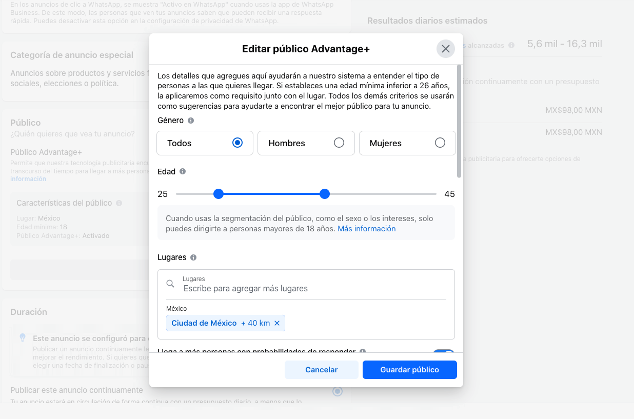 Captura de pantalla del sexto paso para configurar un anuncio con CTA a WhatsApp: selecciona a tu público