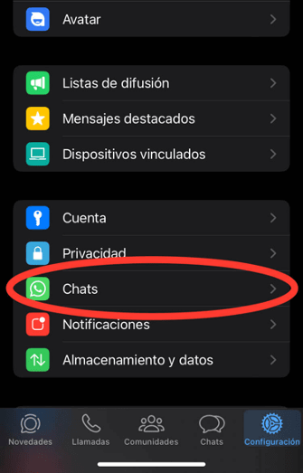 Pantalla de chats de WhatsApp