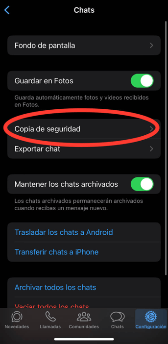 Pantalla de copia de seguridad en WhatsApp Business