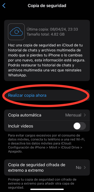 Pantalla para copia de seguridad de WhatsApp