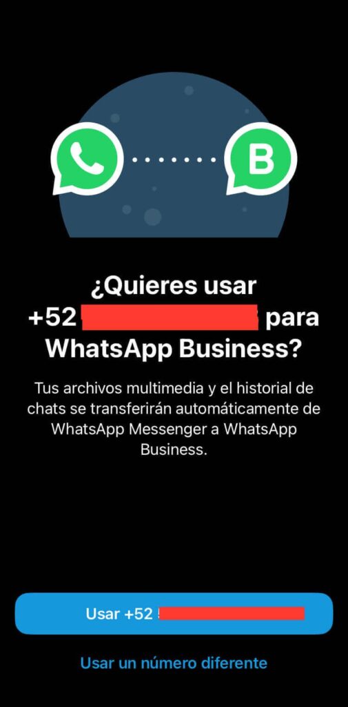 Pantalla de confirmación de número para WhatsApp Business