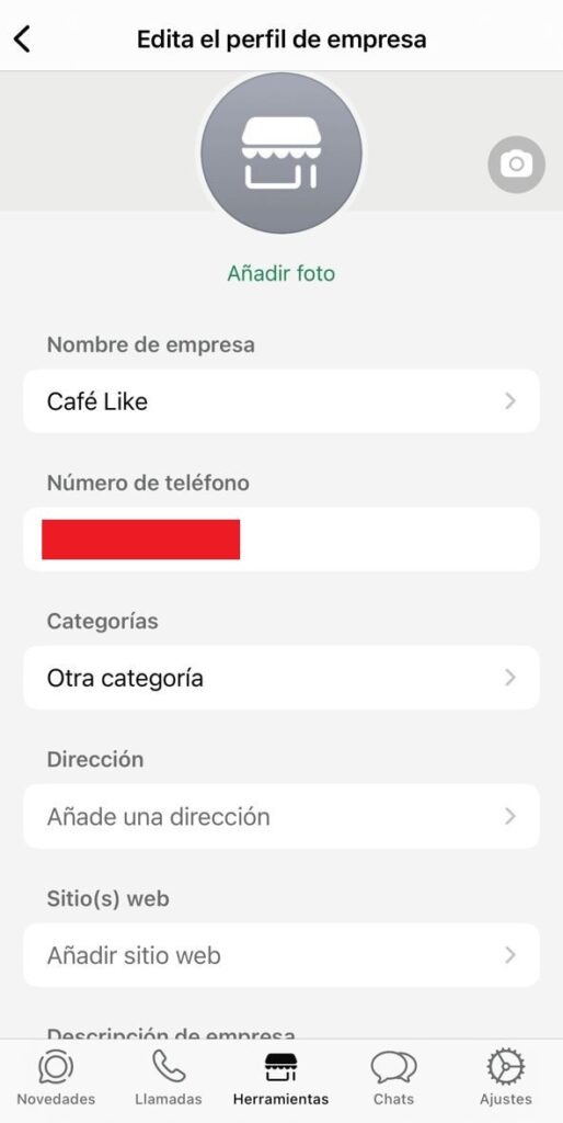 Pantalla para creación de perfil de empresa en WhatsApp Business