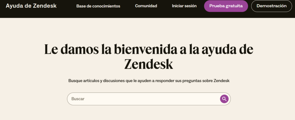 Pantalla de ayuda de Zendesk
