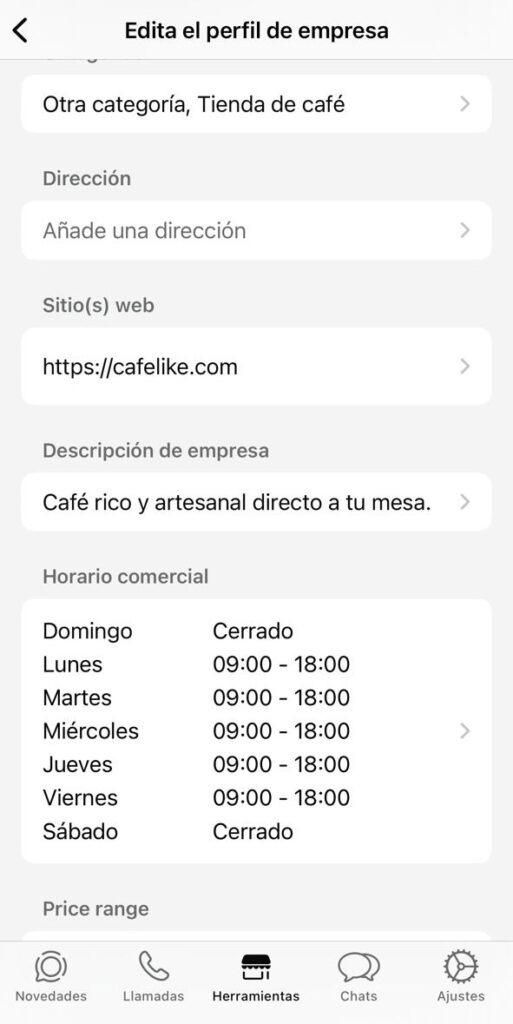 Pantalla para creación de perfil de empresa en WhatsApp Business