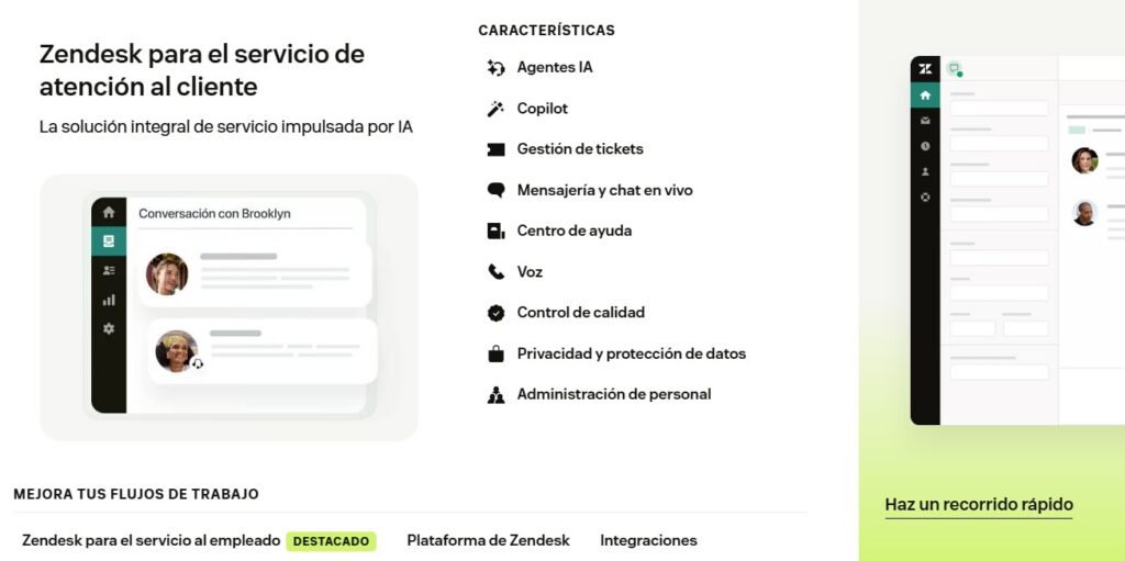 Pantalla de funciones de Zendesk