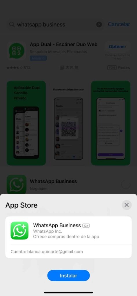 Captura de pantalla de app store para descargar app de WhatsApp Business