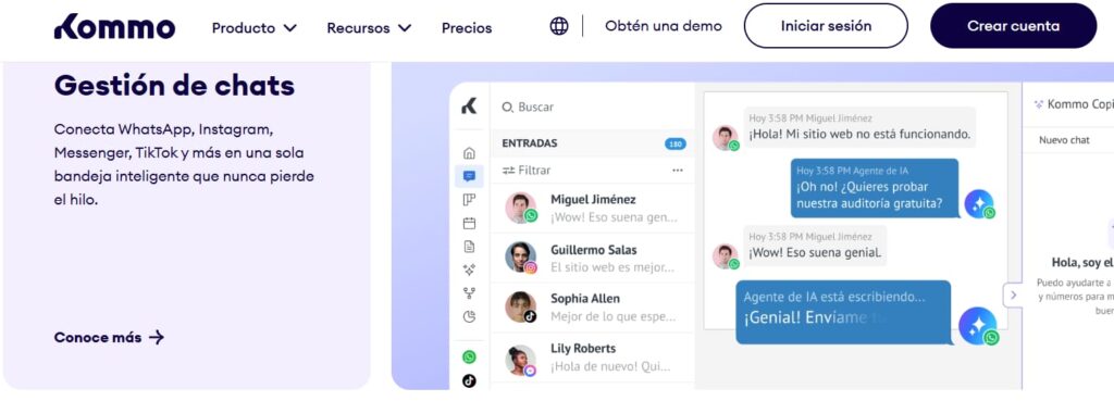 Panel de gestión de chats de Kommo con conversaciones de WhatsApp, Instagram y TikTok unificadas en una sola bandeja