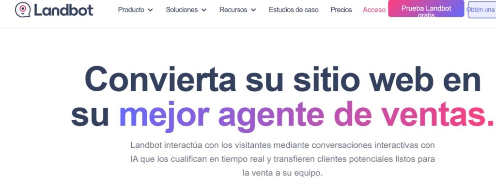 Página de inicio de Landbot, plataforma de chatbots visuales para WhatsApp con flujos conversacionales sin código
