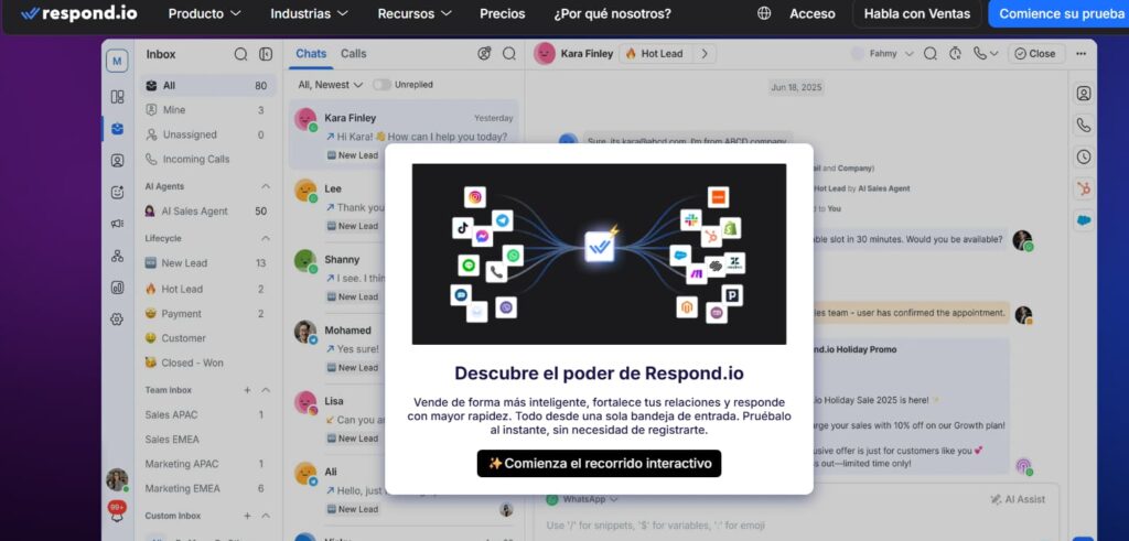 Panel de Respond.io con bandeja omnicanal, conversaciones de WhatsApp y gestión de leads por etapa comercial