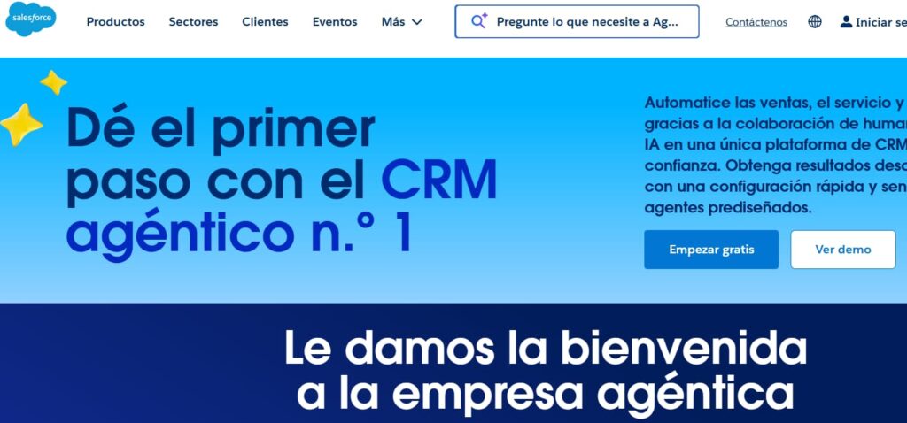 Página de inicio de Salesforce, plataforma CRM con integración de WhatsApp para ventas, servicio y automatización