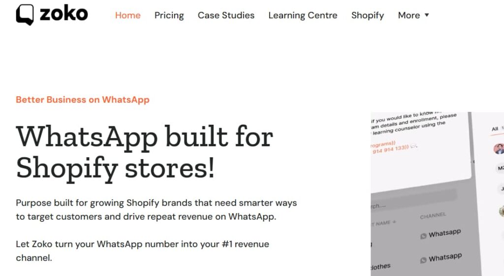 Página de inicio de Zoko, plataforma de WhatsApp para tiendas Shopify