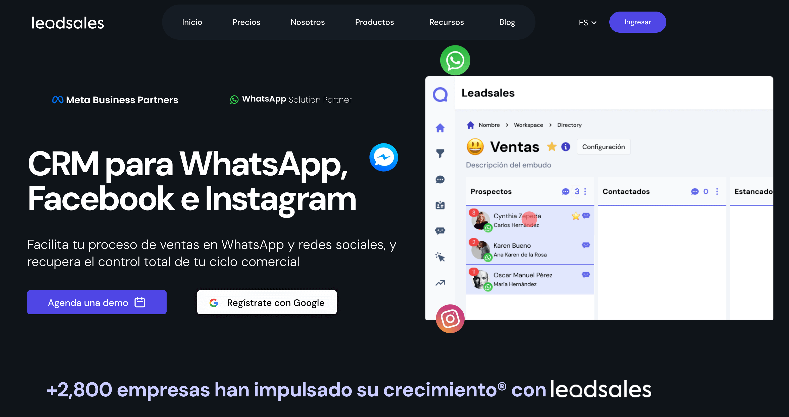 Captura de pantalla de la sección de inicio en la página web de Leadsales
