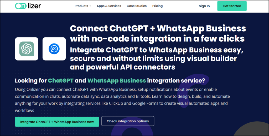 Pantalla de Onlizer para conectar WhatsApp Business con ChatGPT