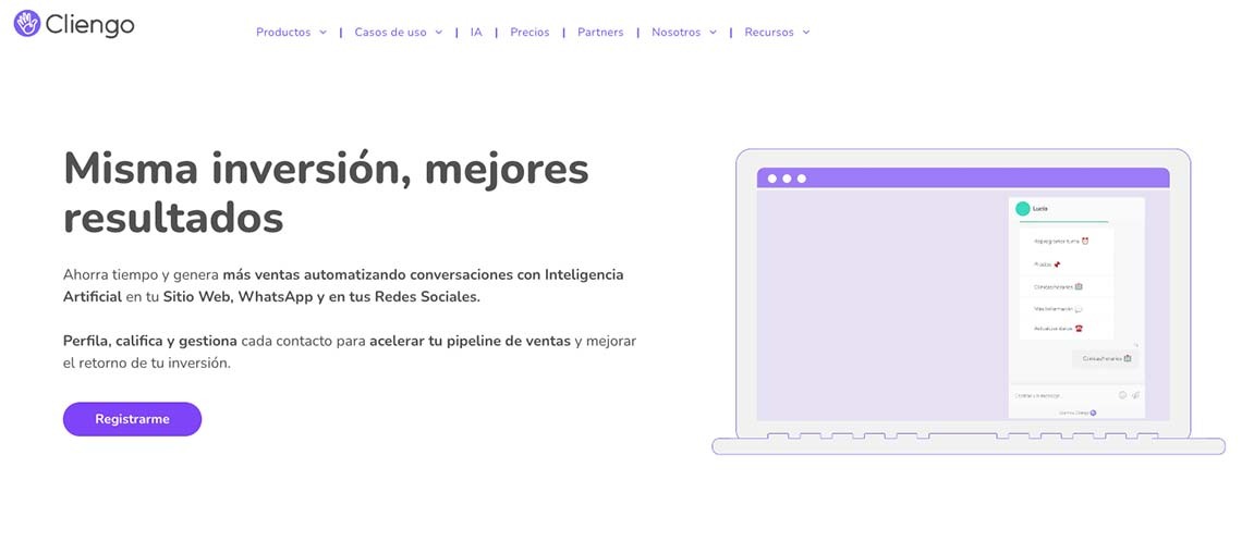 Captura de pantalla de la página web de Cliengo