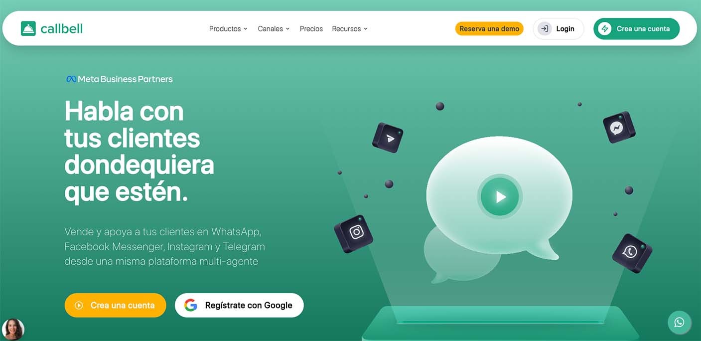 Captura de pantalla de la página web de Callbell