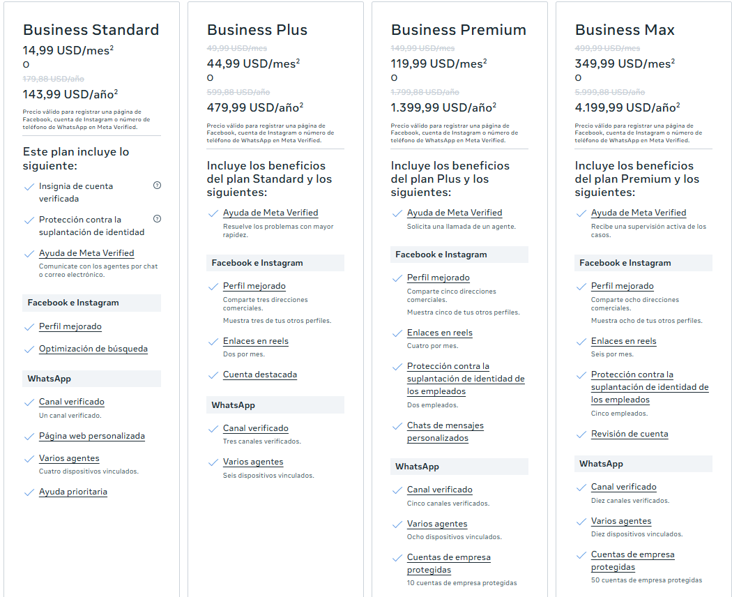Planes de Meta Verified para empresas: precios Business Standard, Plus, Premium y Max en USD