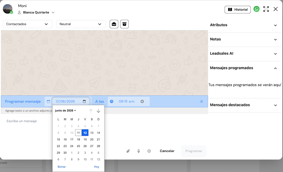 Calendario desplegado en Leadsales para elegir la fecha de envío de un mensaje programado, con el 12 de junio de 2026 seleccionado y la hora configurada a las 9:15 a.m.