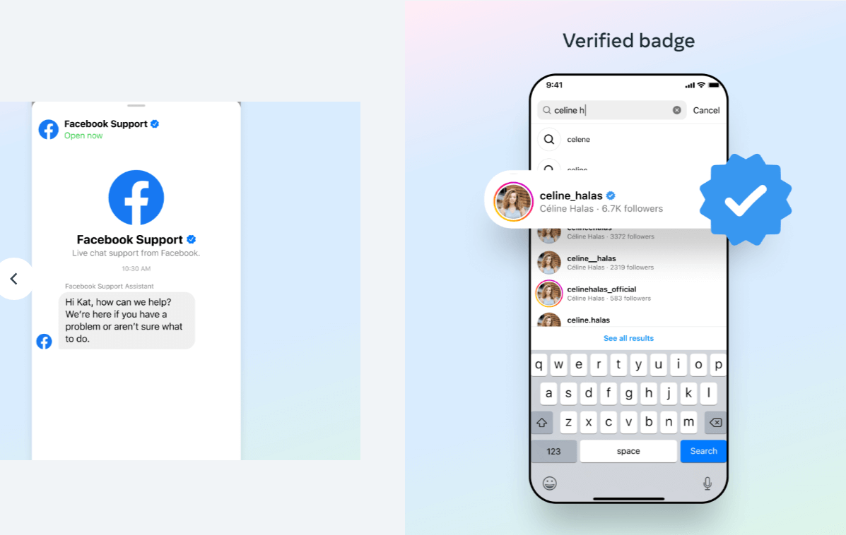 Beneficios de Meta Verified: soporte en vivo de Facebook y insignia azul visible en resultados de búsqueda de Instagram
