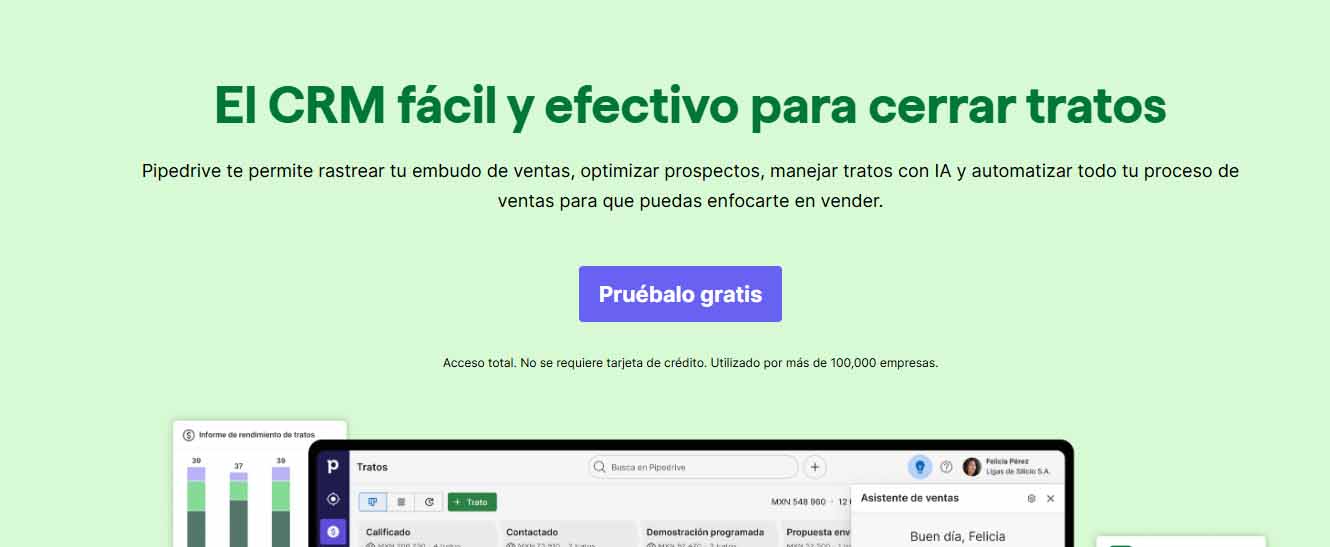 Captura de pantalla del home del sitio web de Pipedrive