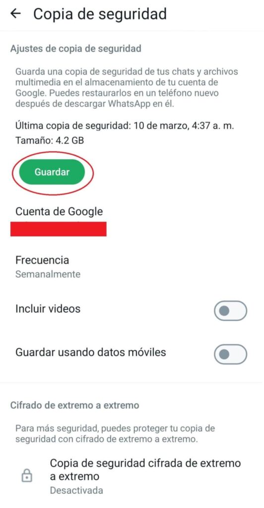 Pantalla de copia de seguridad en Android
