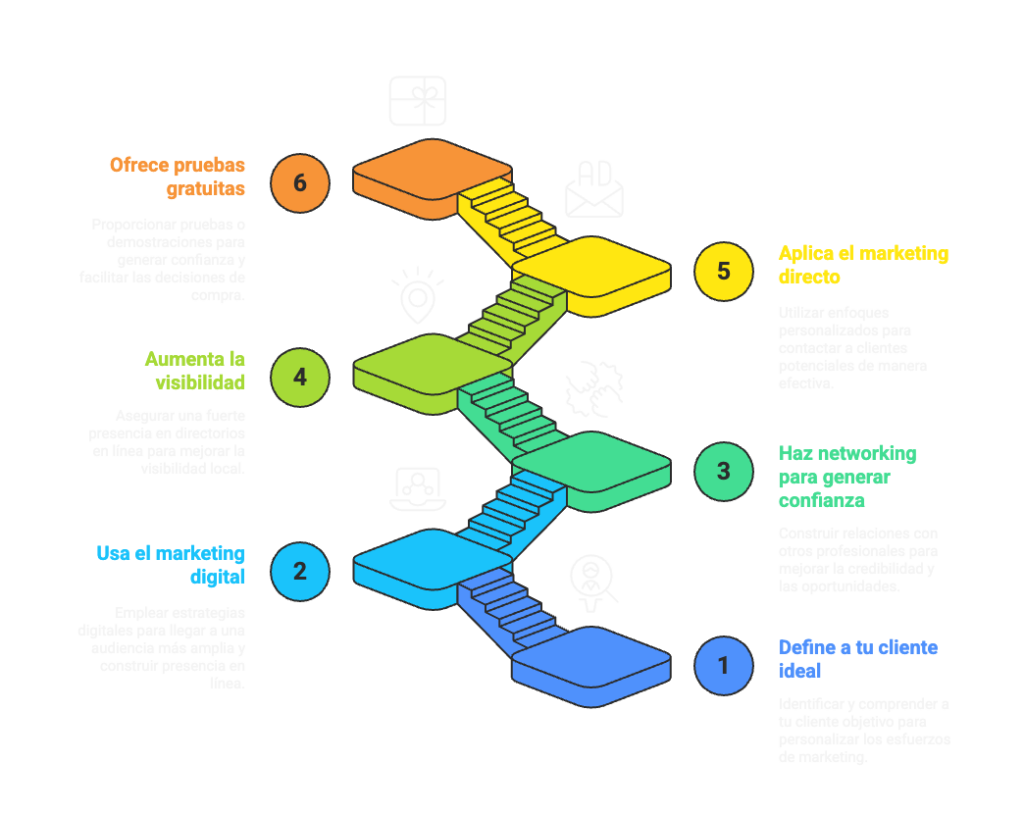 Diagrama que muestra seis pasos para conseguir clientes por internet: definir a tu cliente ideal, usar el marketing digital, hacer networking para generar confianza, aumentar la visibilidad, aplicar el marketing directo y ofrecer pruebas gratuitas