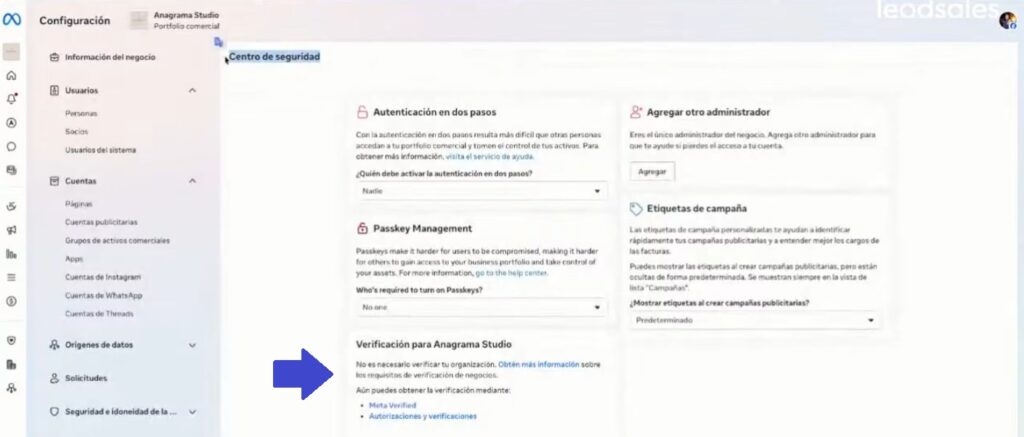 Sección de verificación de portafolio comercial de negocio en Meta Business Suite