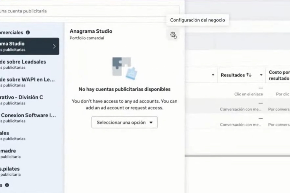 Acceso a Configuración del negocio en portafolio comercial