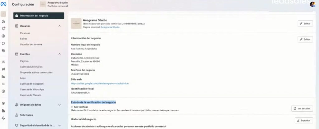 Pantalla de configuración de portafolio comercial de Meta, resaltando Estado de verificación del negocio