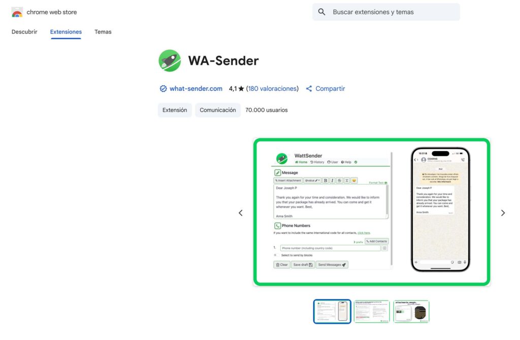 Captura de pantalla de la tienda de extensiones de Google mostrando Wa-Sender
