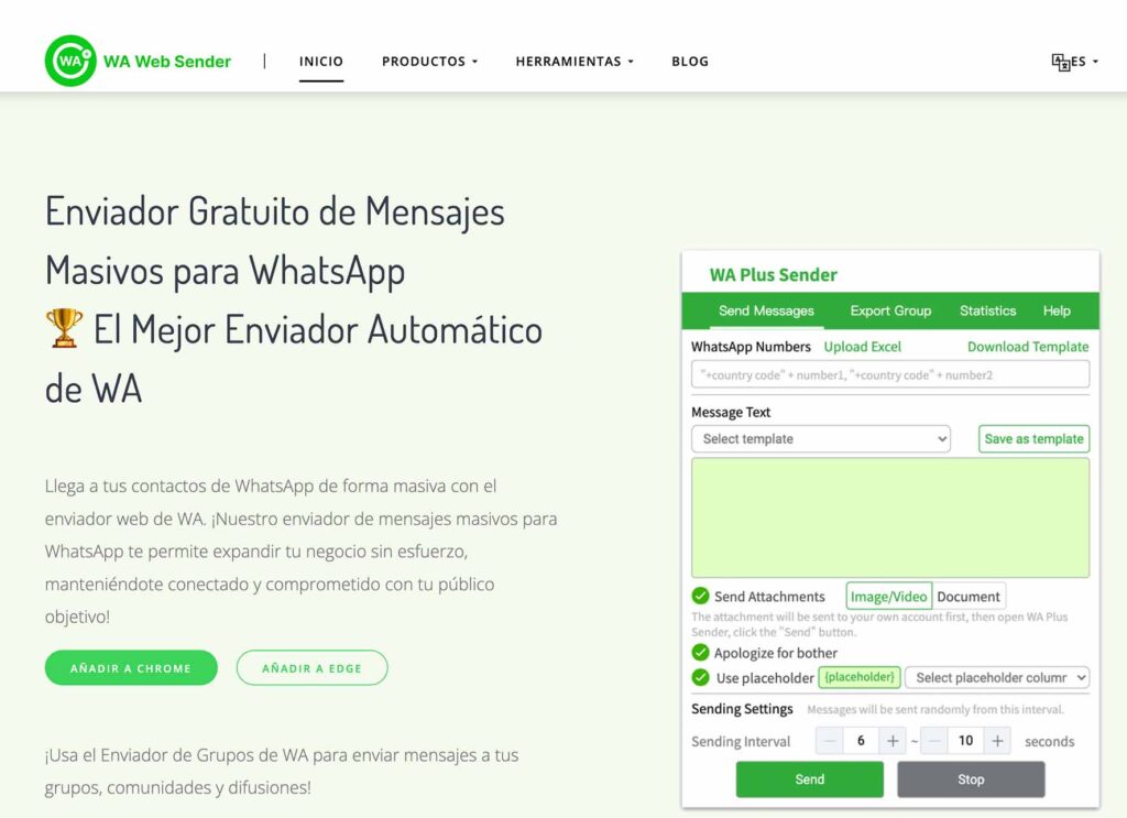 Captura de pantalla de la pantalla de inicio de la página web de Wa Web Sender