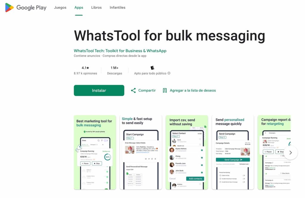 Captura de pantalla de la tienda de aplicaciones de Google mostrando WhatsTool