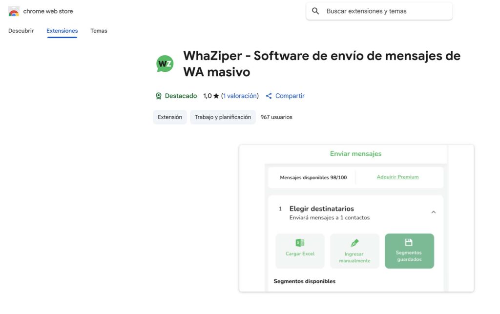 Captura de pantalla de la tienda de extensiones de Google mostrando WhaZiper