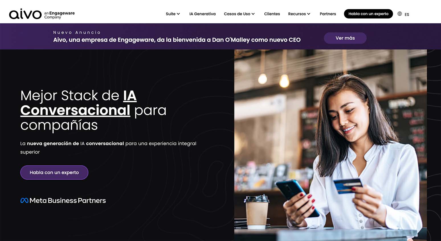 Captura de pantalla de la página web de Aivo, una de las inteligencias artificiales más usadas para responder mensajes de whatsapp
