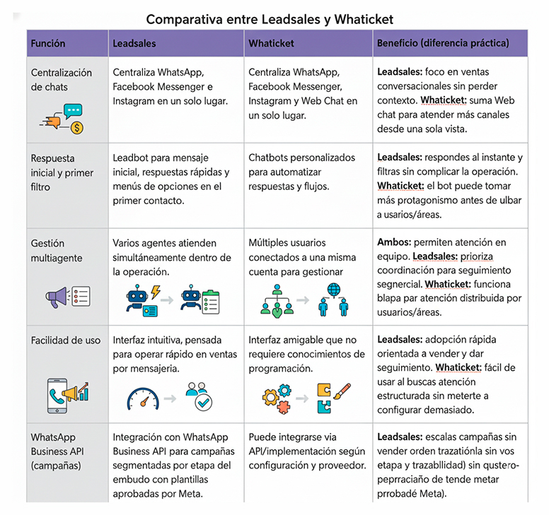 Tabla comparativa entre funciones de Leadsales y Whaticket