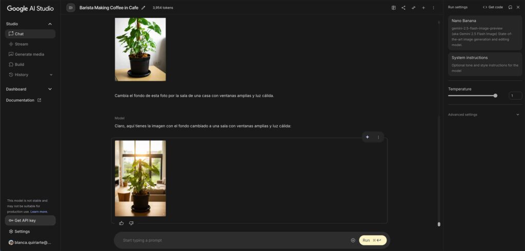 Captura de pantalla de Google AI Studio con un prompt indicando el cambio en una imagen
