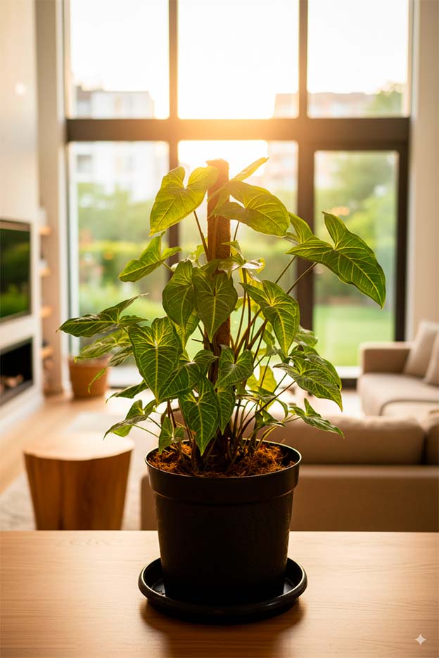 Imagen fotorrealista de una planta con fondo de una sala con ventanas amplias y luz cálida