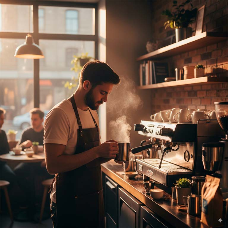 Imagen fotorrealista de un barista preparando café en una cafetería moderna con luz cálida